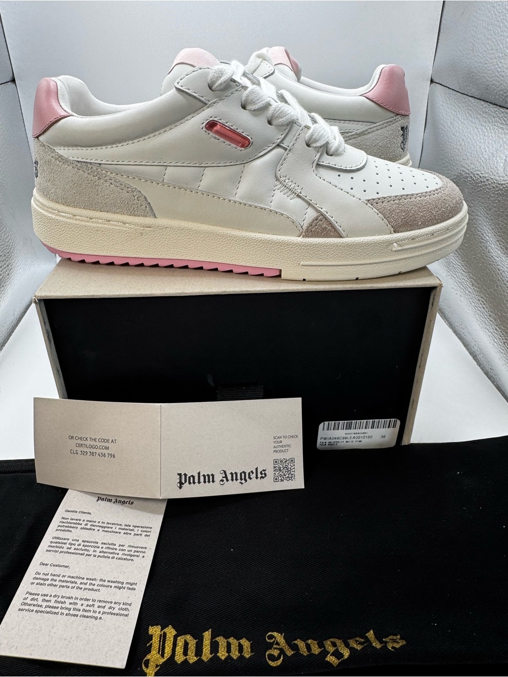Palm Angels New Tennis Low-Top Sneakers White Pink Suede Luxury EU 36